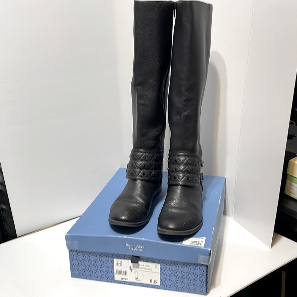 Vera Wang Black Knee-High Zip-Up Boots With Black Sequins And Buckle Strap